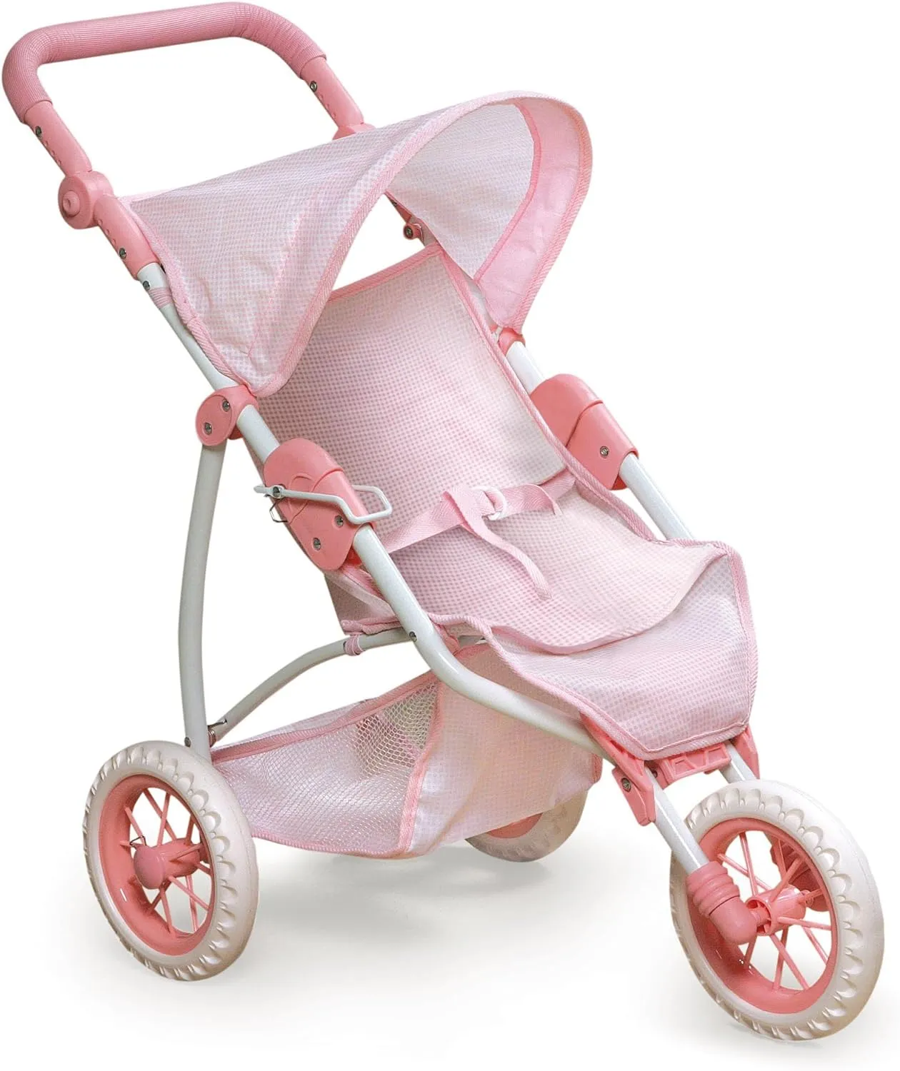 - Adjustable Handle, Canopy, Straps & Basket - Fits 18-22" Dolls, Lightweight Toy snowstorm for Girls Ages 3  - Pink Gingham Design Badger Basket Foldable Jogging Style Doll Stroller 