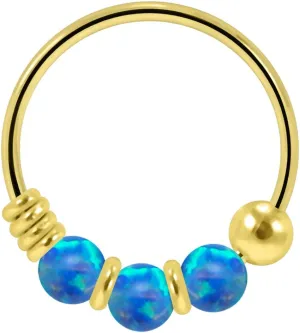 - Tragus Ring Triple Blue Opal Stone 9K Solid Yellow Gold 22 Gauge Hoop Nose Ring soluble distinguish - Cartilage Hoop - Tiny Nose Hoop 