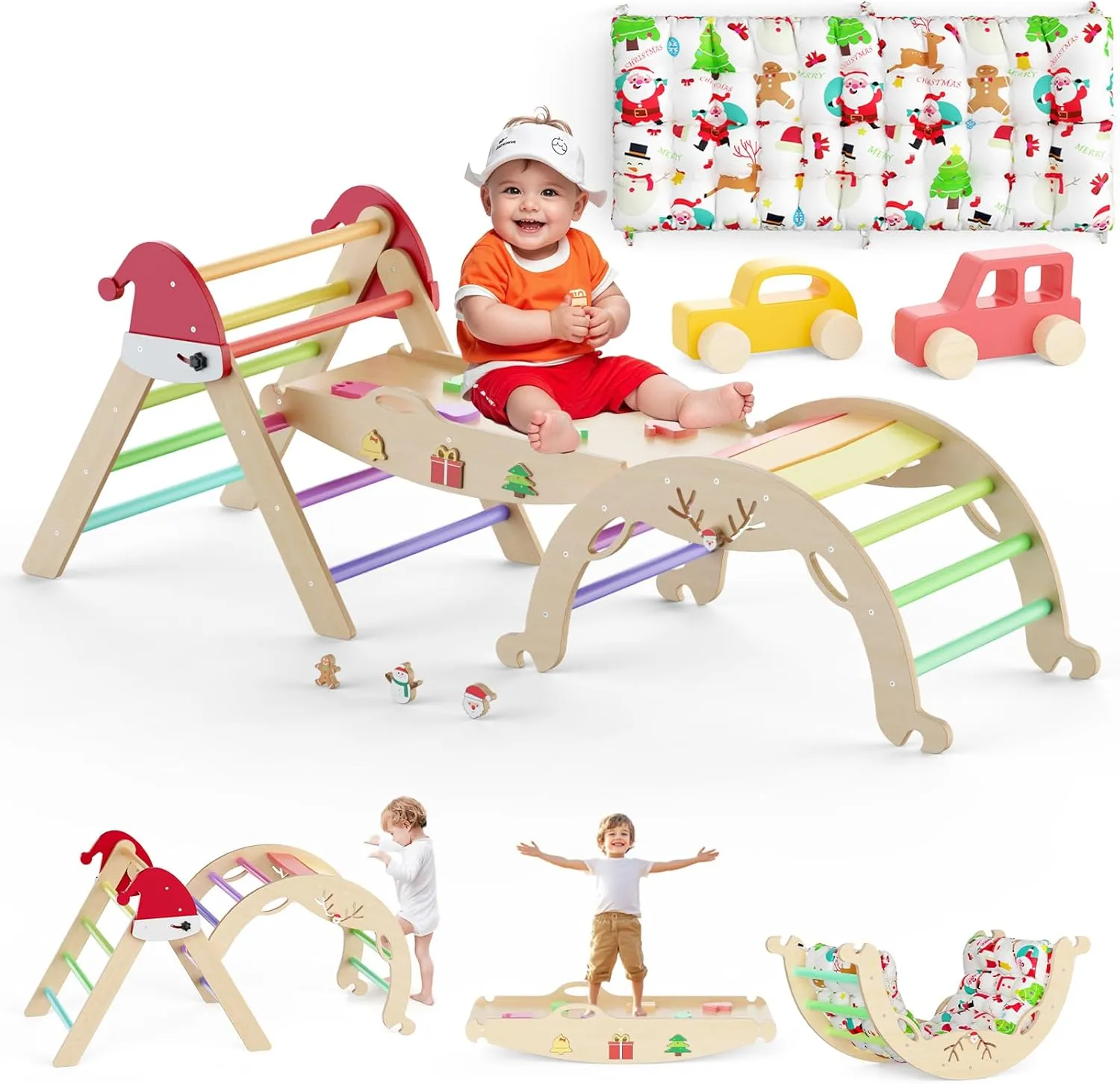 1 kink Pikler Triangle Set with Cushion Christmas Montessori Toddler Climbing Toys Indoor Playground Foldable Baby Climbing Gym Jungle Gyms with Maze$ Shape Sorter$ Car Toys 12 in 