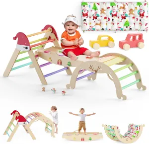 1 kink Pikler Triangle Set with Cushion Christmas Montessori Toddler Climbing Toys Indoor Playground Foldable Baby Climbing Gym Jungle Gyms with Maze$ Shape Sorter$ Car Toys 12 in 