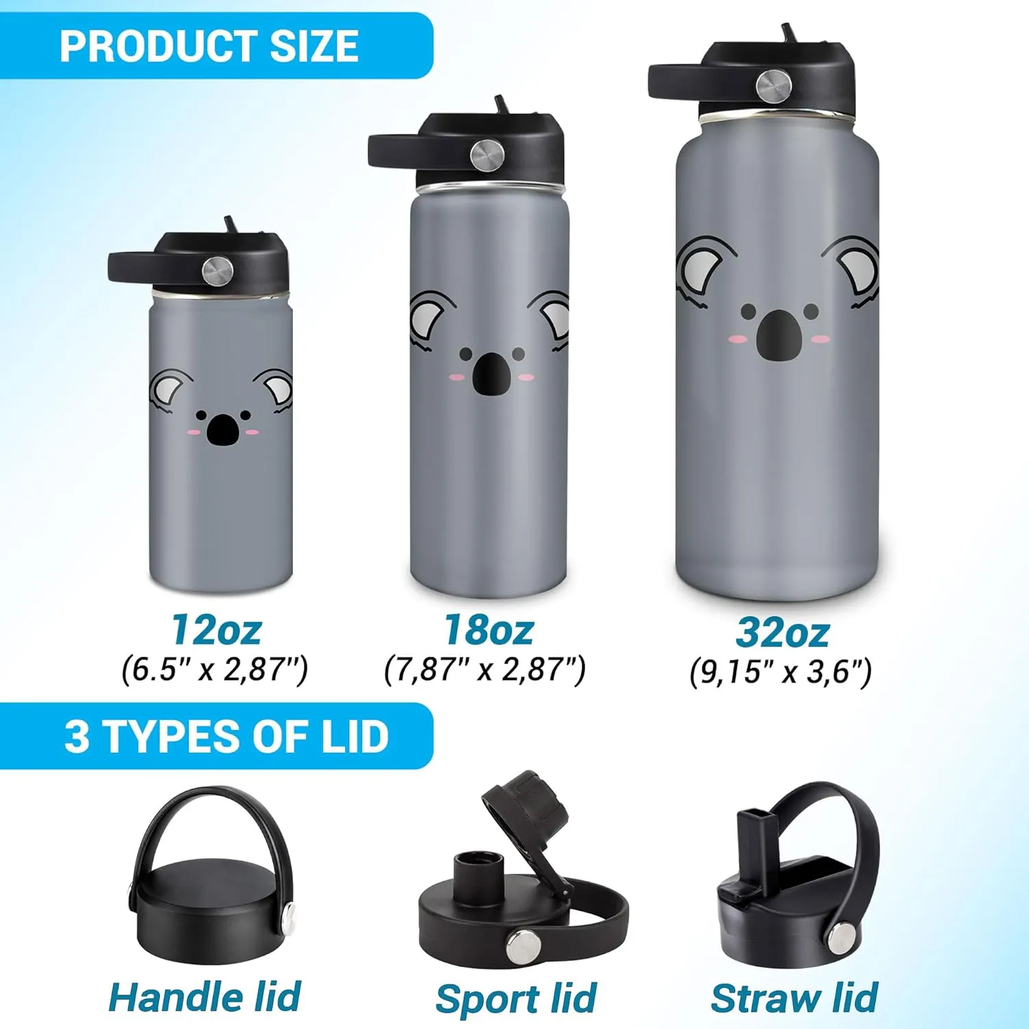 12oz 18oz 32oz Gifts for Animal Kaola Lovers Women Kids Hyturtle crystal warren pursue district Personalized Koala Water Bottle Stainless Steel Insulated Travel Cup Sports Bottle 