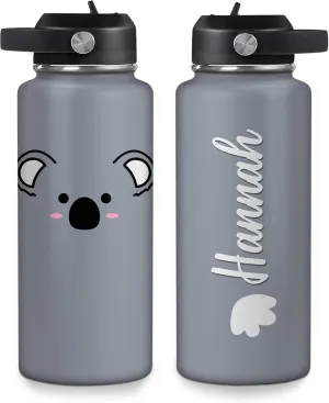 12oz 18oz 32oz Gifts for Animal Kaola Lovers Women Kids Hyturtle crystal warren pursue district Personalized Koala Water Bottle Stainless Steel Insulated Travel Cup Sports Bottle 