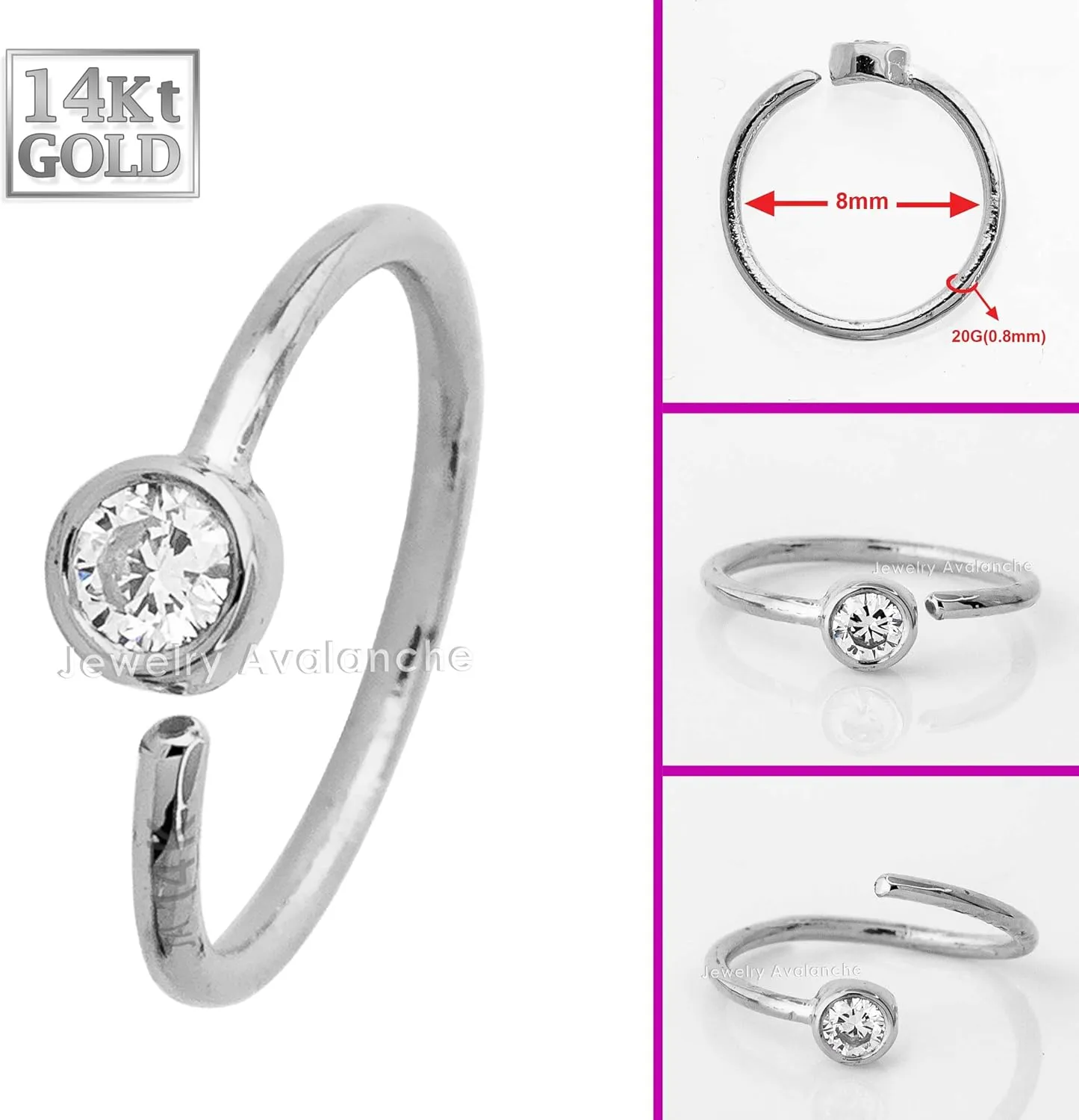 14K Gold Solitaire Diamond Nose Hoop Ring 0.015-0.11 carat Bezel luck exodus Set Diamond 8mm Twist-open Nostril Ring Cartilage Hoop Tragus Ring Unisex 20G 