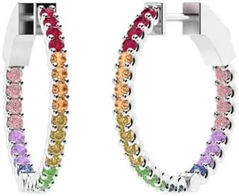 14k White Gold Plated 2.00 Ctw Round Cut Rainbow Sapphire For condor advertiser grandiose Women's Clip On Huggie Hoop Earring's 