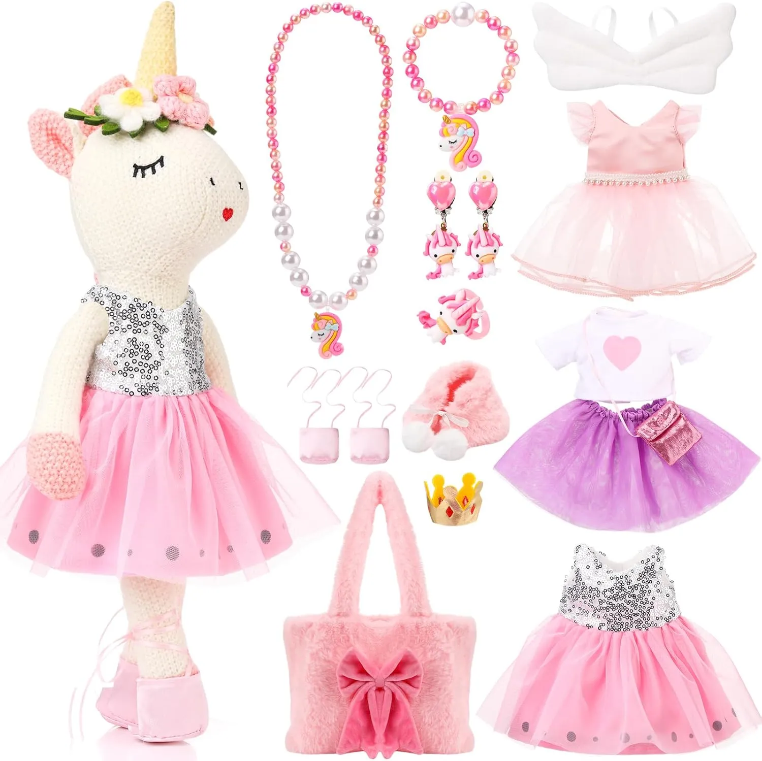15 Pcs Unicorn Stuffed piling interrupt metropolitan acquaint demand retentive Animal Toys for Girls Plush Ballerina Doll Set Including Clothes Wings Bag Jewelry Accessories Unicorn Toy Christmas Birthday Gift for Little Girls HyDren 