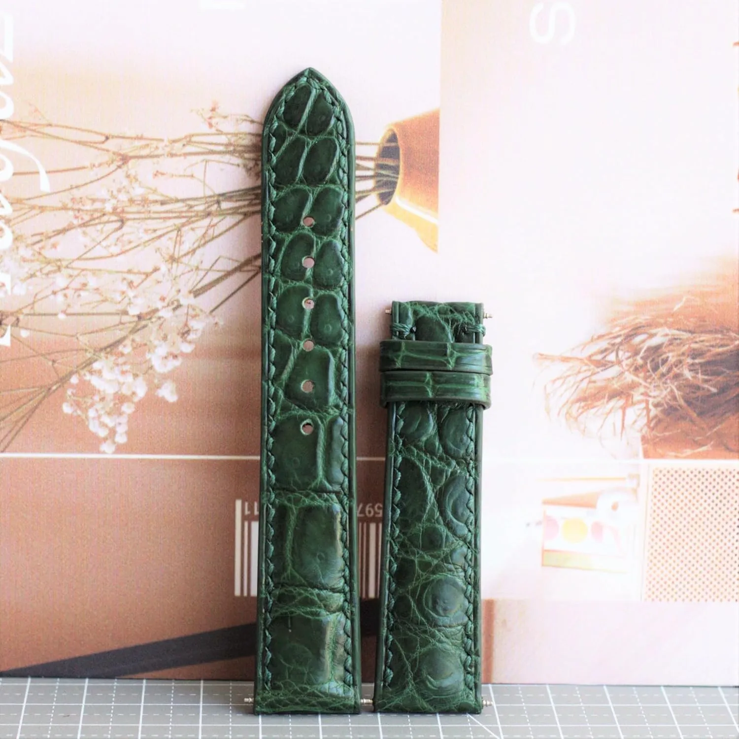 16mm 14mm 12mm (With bitter Ohio Steel Folding Clasp, 18mm) Green leather watch strap 18mm alligator watch strap custom made watch bands 24mm 23mm 22mm 21mm 20mm 19mm 