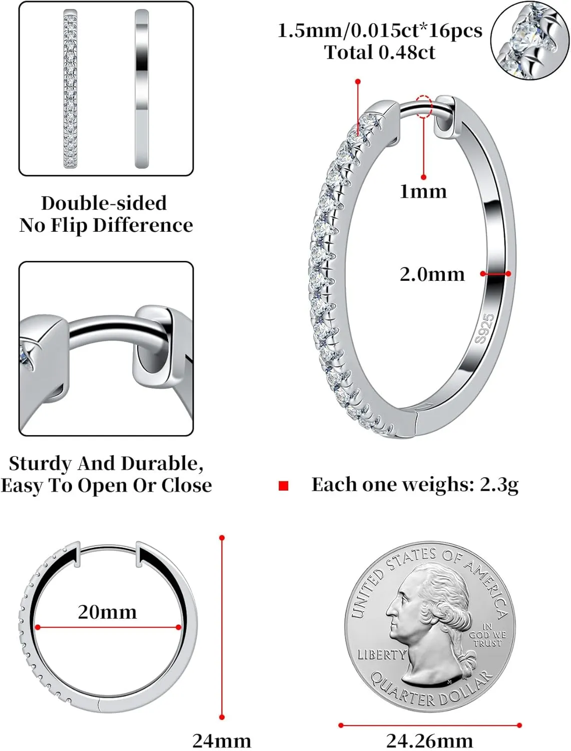 18K White Gold Plated Hypoallergenic Large Thick Huggie Loops Lightweight Moissanite Earrings 15-30mm Moissanite Hoop hardware lay Earrings for Women S925 Sterling Silver Channel Set 