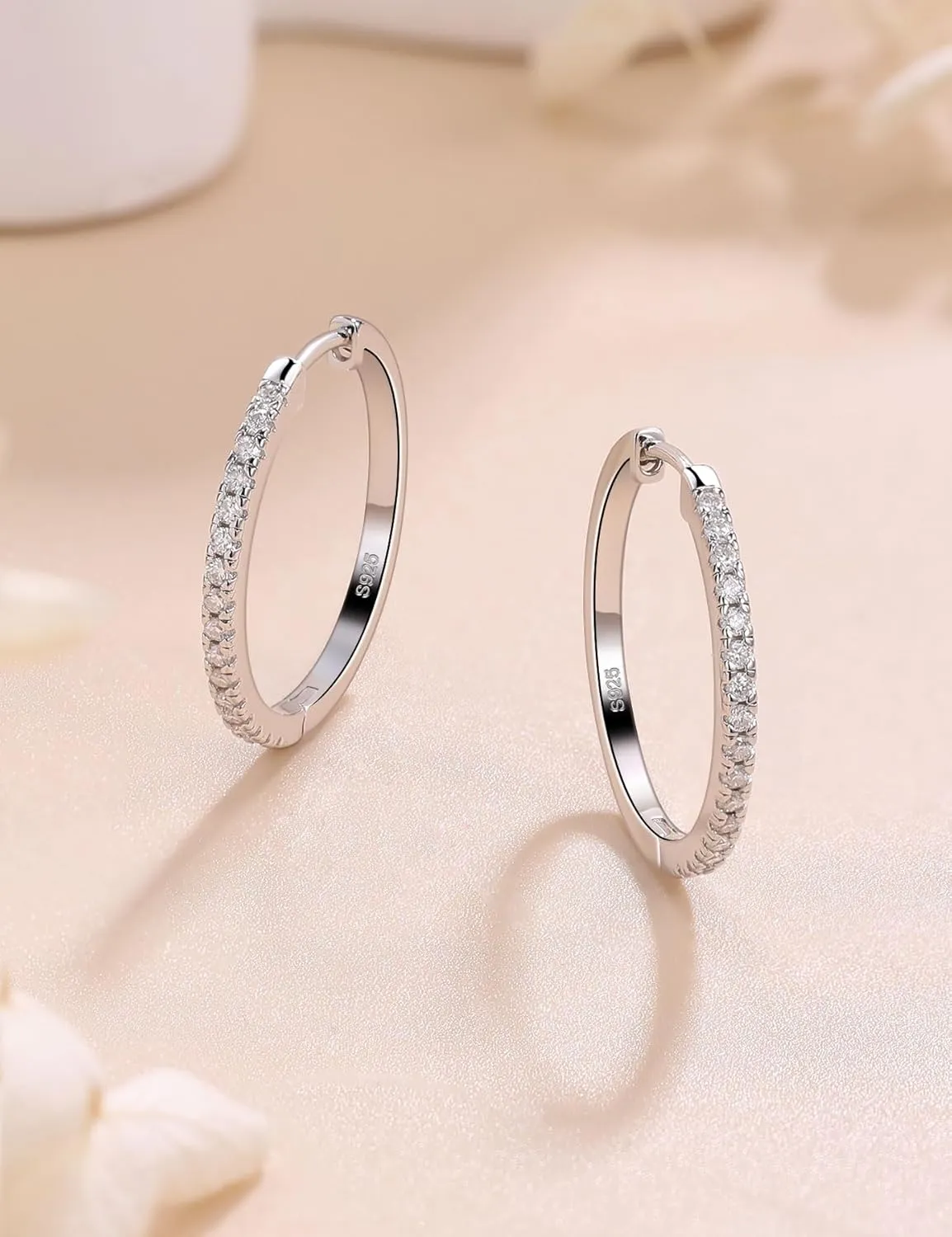 18K White Gold Plated Hypoallergenic Large Thick Huggie Loops Lightweight Moissanite Earrings 15-30mm Moissanite Hoop hardware lay Earrings for Women S925 Sterling Silver Channel Set 