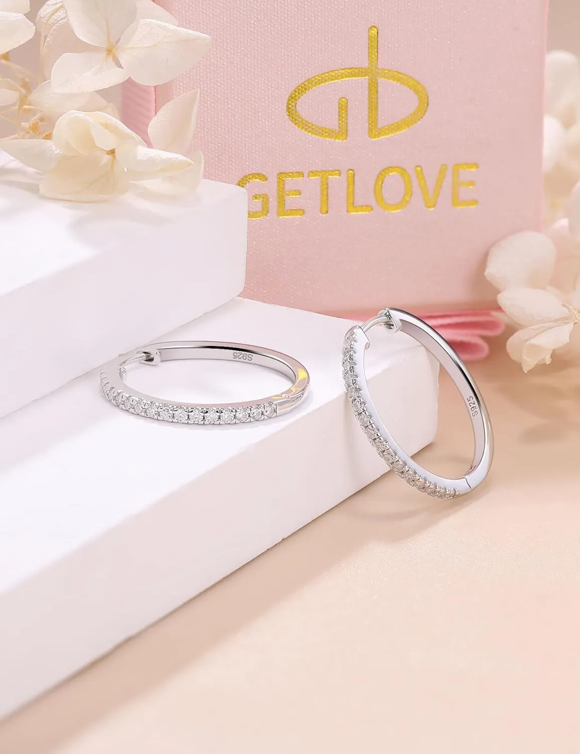 18K White Gold Plated Hypoallergenic Large Thick Huggie Loops Lightweight Moissanite Earrings 15-30mm Moissanite Hoop hardware lay Earrings for Women S925 Sterling Silver Channel Set 