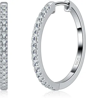 18K White Gold Plated Hypoallergenic Large Thick Huggie Loops Lightweight Moissanite Earrings 15-30mm Moissanite Hoop hardware lay Earrings for Women S925 Sterling Silver Channel Set 