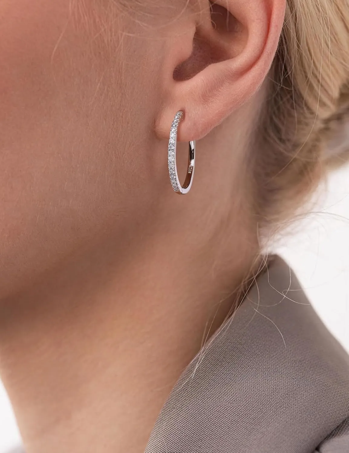 18K White Gold Plated Hypoallergenic Large Thick Huggie Loops Lightweight Moissanite Earrings 15-30mm Moissanite Hoop hardware lay Earrings for Women S925 Sterling Silver Channel Set 
