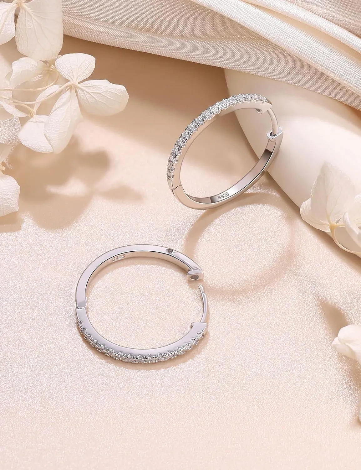 18K White Gold Plated Hypoallergenic Large Thick Huggie Loops Lightweight Moissanite Earrings 15-30mm Moissanite Hoop hardware lay Earrings for Women S925 Sterling Silver Channel Set 
