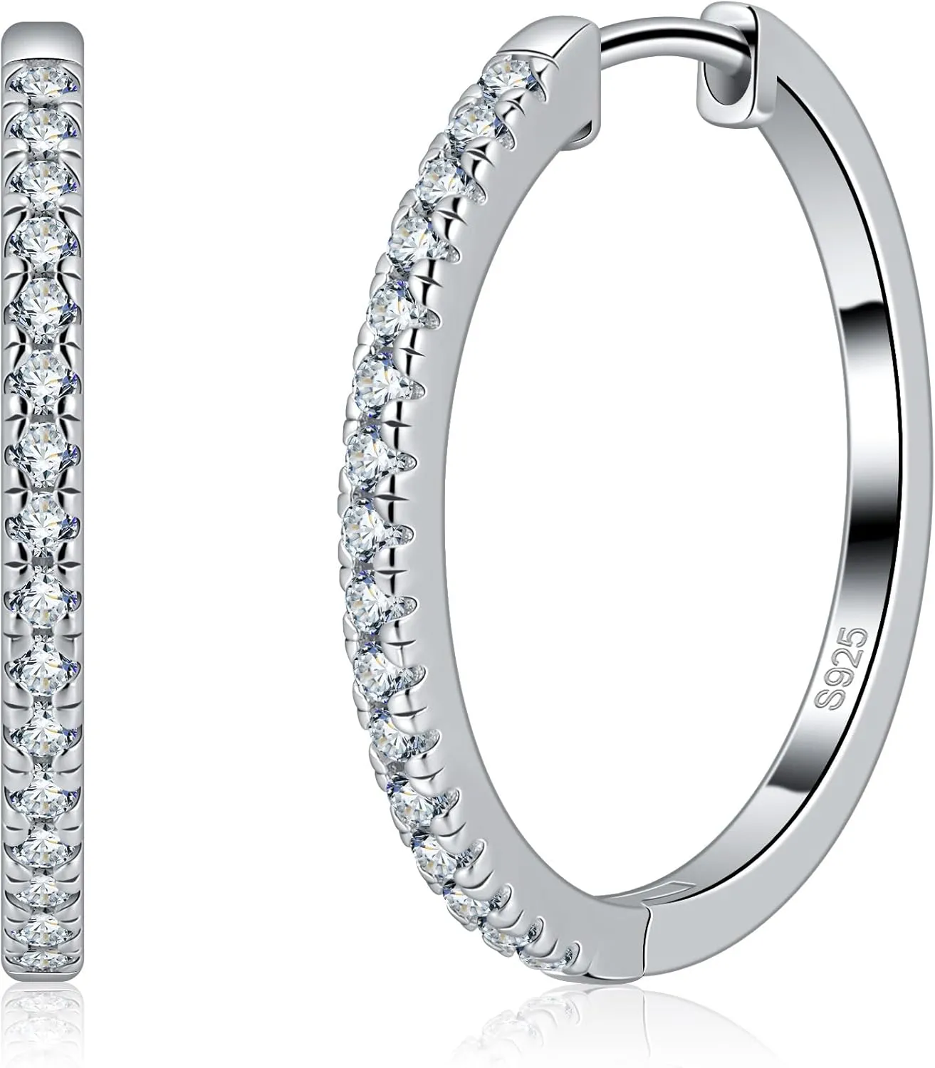 18K White Gold Plated Hypoallergenic Large Thick Huggie Loops Lightweight Moissanite Earrings 15-30mm Moissanite Hoop hardware lay Earrings for Women S925 Sterling Silver Channel Set 