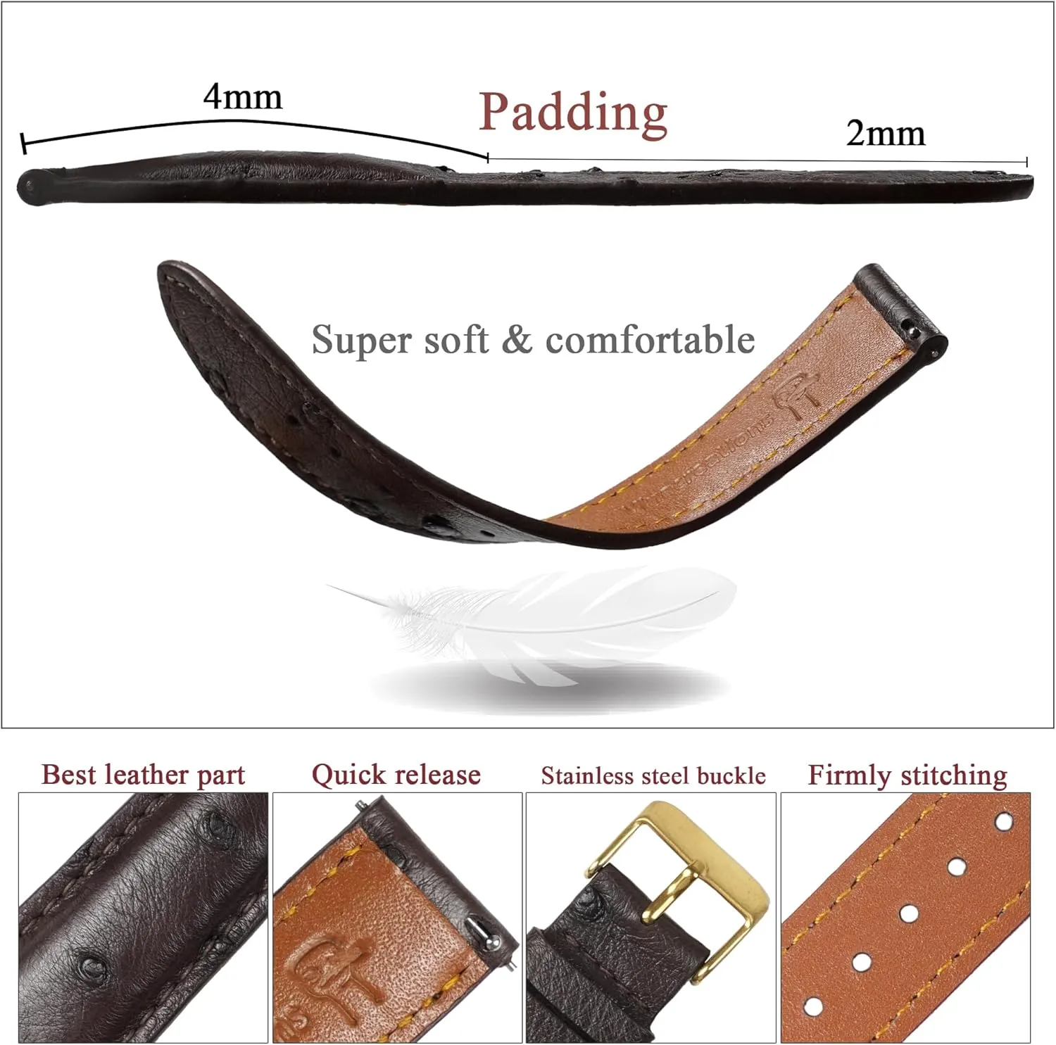 18mm 19mm 20mm 21mm 22mm Quick Release Ostrich Leather Watch Bands Men Handmade Replacement tow Elegant Wrist Watch Straps Vintage Extra Soft Exotic Leather Strap 