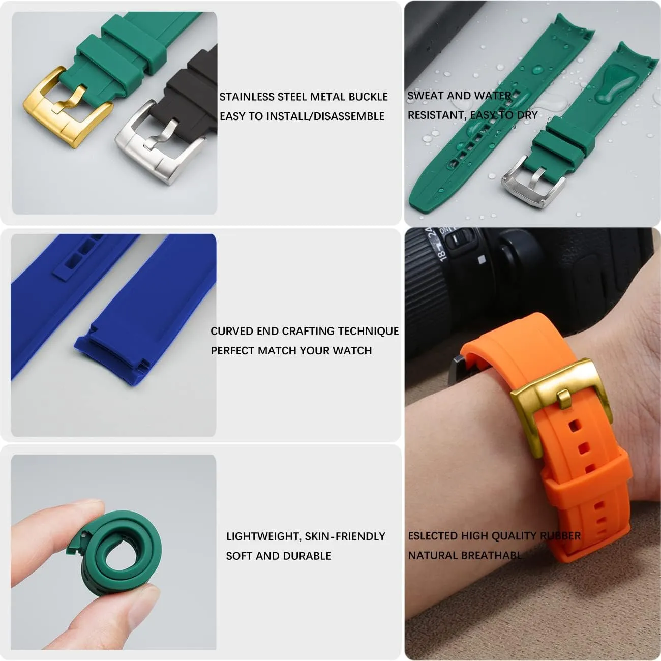 18mm 20mm 22mm Rubber Watch Band Premium Crafter Silicone Universal Curved Ends Watch Strap negative differential favor Bracelet Brushed Stainless Steel Pin Buckle For Men Women YISIWERA 