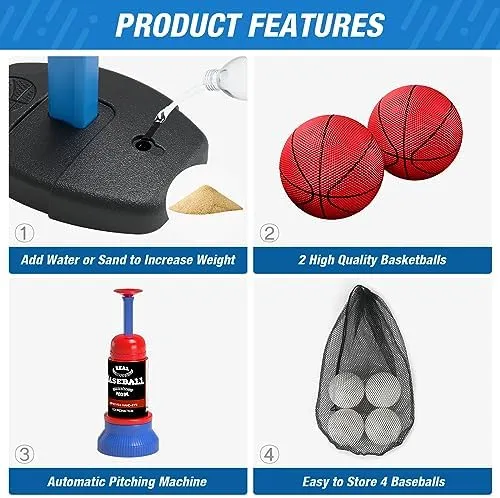 2 in 1 Toddler Basketball Hoop and T Ball Set, Kids Toys Boys 3-5, Adjustable Kids Basketball Hoop with Automatic Pitching Machine, Indoor Outdoor Sport Toys Gifts for Baby Boys Girls, Blue