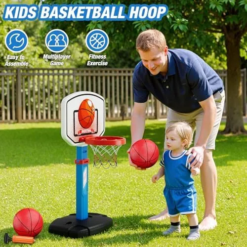 2 in 1 Toddler Basketball Hoop and T Ball Set, Kids Toys Boys 3-5, Adjustable Kids Basketball Hoop with Automatic Pitching Machine, Indoor Outdoor Sport Toys Gifts for Baby Boys Girls, Blue