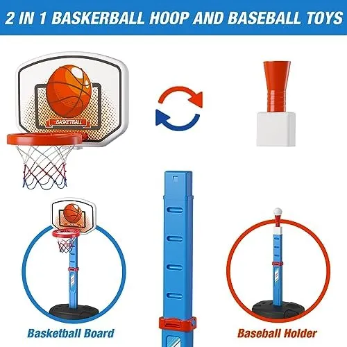 2 in 1 Toddler Basketball Hoop and T Ball Set, Kids Toys Boys 3-5, Adjustable Kids Basketball Hoop with Automatic Pitching Machine, Indoor Outdoor Sport Toys Gifts for Baby Boys Girls, Blue