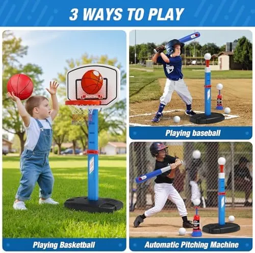 2 in 1 Toddler Basketball Hoop and T Ball Set, Kids Toys Boys 3-5, Adjustable Kids Basketball Hoop with Automatic Pitching Machine, Indoor Outdoor Sport Toys Gifts for Baby Boys Girls, Blue