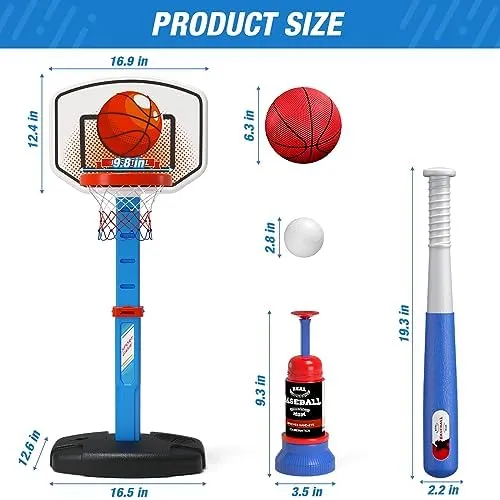 2 in 1 Toddler Basketball Hoop and T Ball Set, Kids Toys Boys 3-5, Adjustable Kids Basketball Hoop with Automatic Pitching Machine, Indoor Outdoor Sport Toys Gifts for Baby Boys Girls, Blue