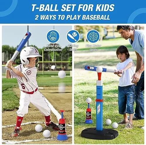 2 in 1 Toddler Basketball Hoop and T Ball Set, Kids Toys Boys 3-5, Adjustable Kids Basketball Hoop with Automatic Pitching Machine, Indoor Outdoor Sport Toys Gifts for Baby Boys Girls, Blue