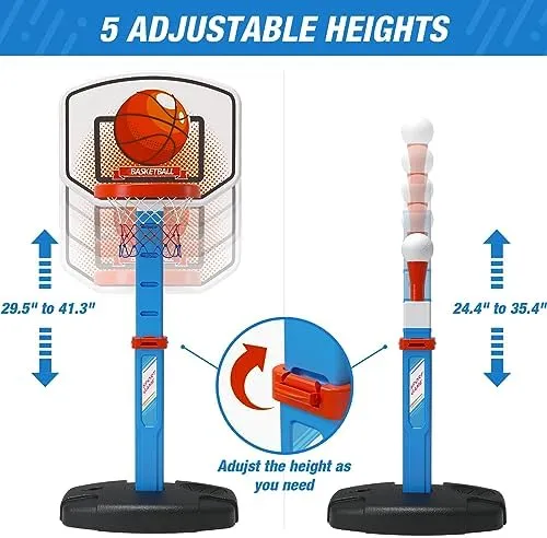 2 in 1 Toddler Basketball Hoop and T Ball Set, Kids Toys Boys 3-5, Adjustable Kids Basketball Hoop with Automatic Pitching Machine, Indoor Outdoor Sport Toys Gifts for Baby Boys Girls, Blue