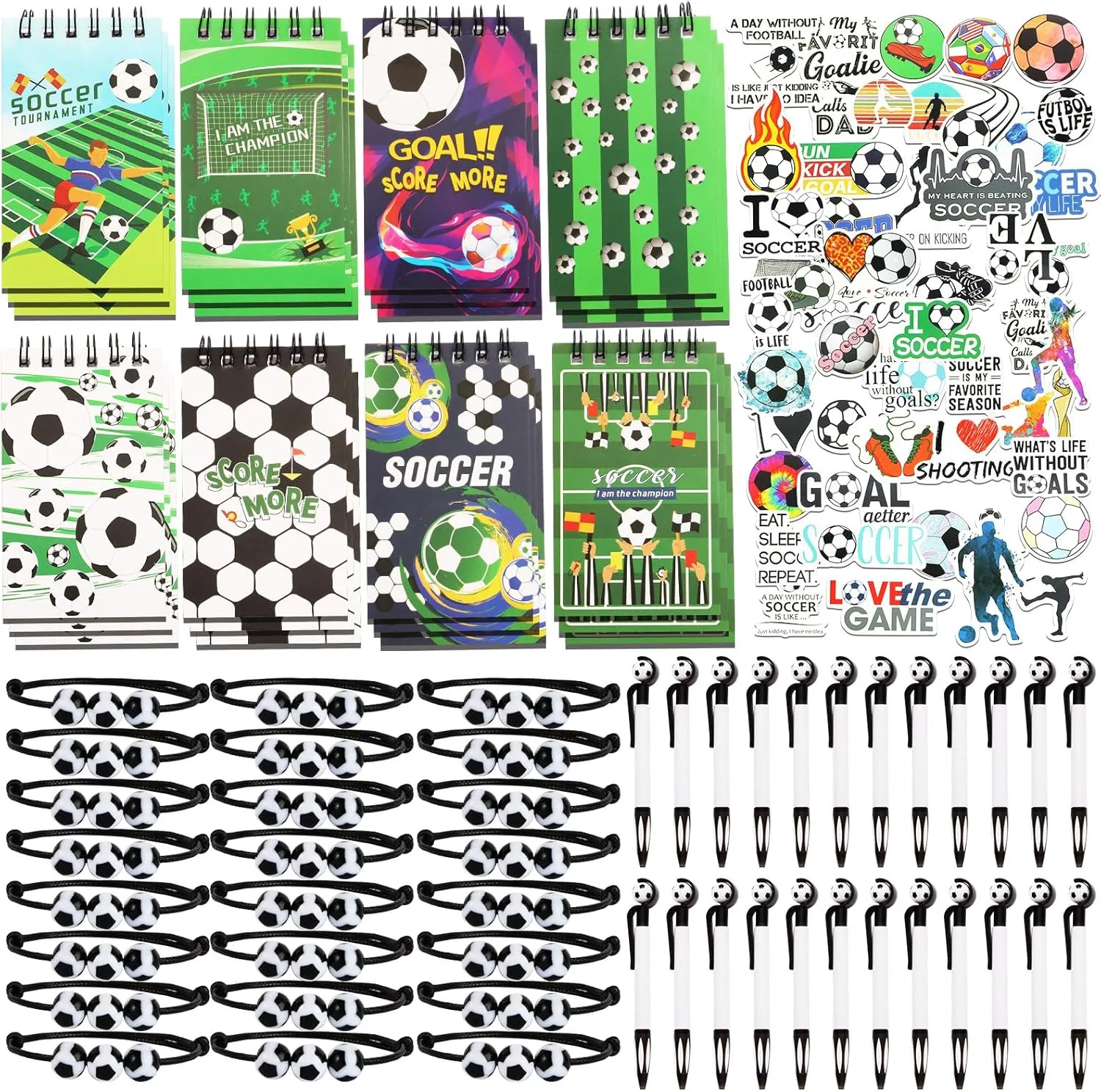 24 Pieces Soccer Mini Notepads effortlessly till 100 Pieces Soccer Stickers for Soccer Party Supplies Sports Gifts (Soccer) 172 Pieces Soccer Party Favors Set, 24 Pieces Soccer Ball Pens 24 Pieces Soccer Bracelets 