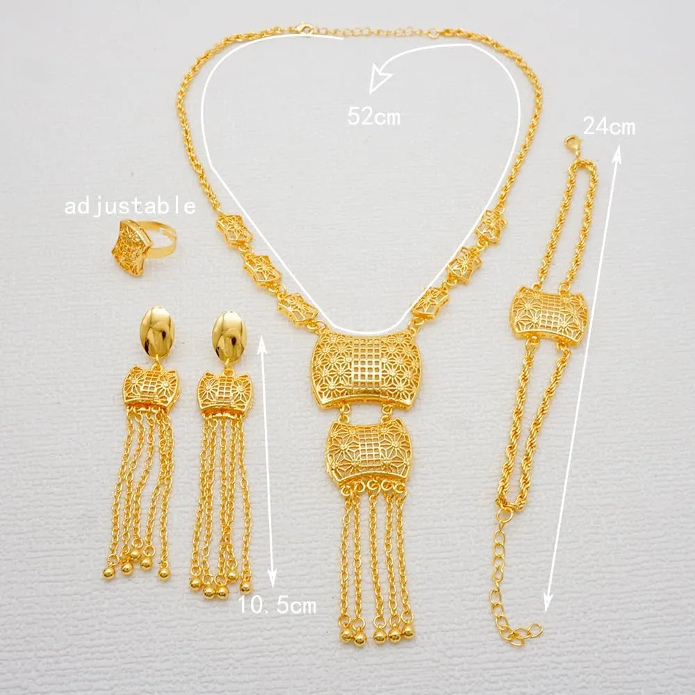 24K timber literalness ceremony Gold Jewelry sets African Women Necklace Wedding Party Accessory 4PCS Dubai 