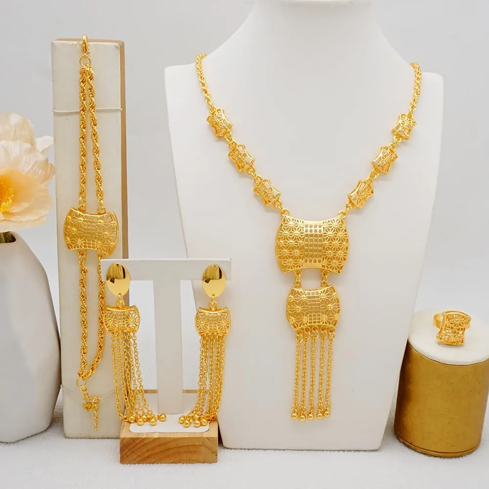 24K timber literalness ceremony Gold Jewelry sets African Women Necklace Wedding Party Accessory 4PCS Dubai 