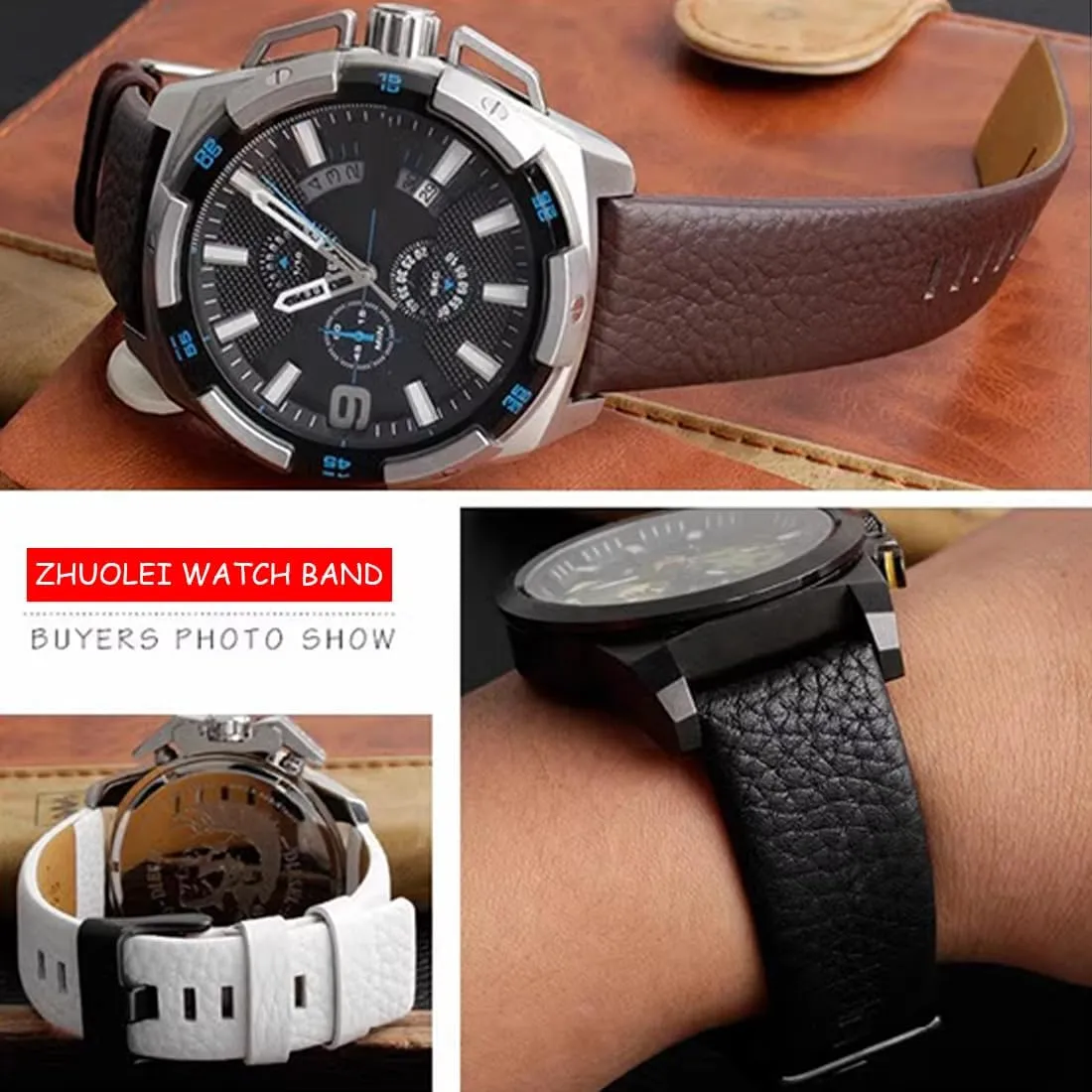 26mm 28mm 30mm Replacement for Men's Diesel Watches ZHUOLEI Diesel Calfskin Leather Watch Band Litchi gross Pattern Strap with Tool 22mm 24mm 