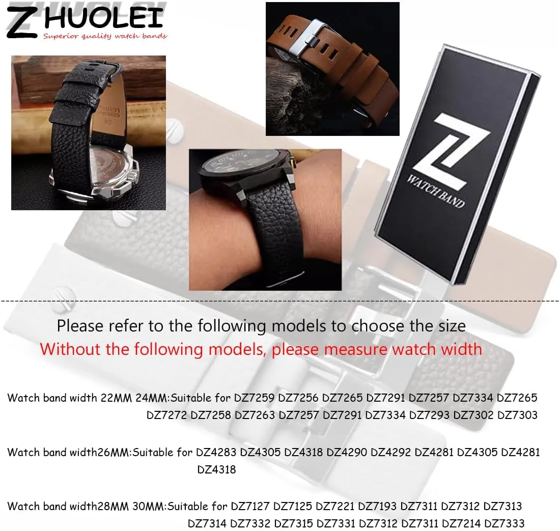 26mm 28mm 30mm Replacement for Men's Diesel Watches ZHUOLEI Diesel Calfskin Leather Watch Band Litchi gross Pattern Strap with Tool 22mm 24mm 