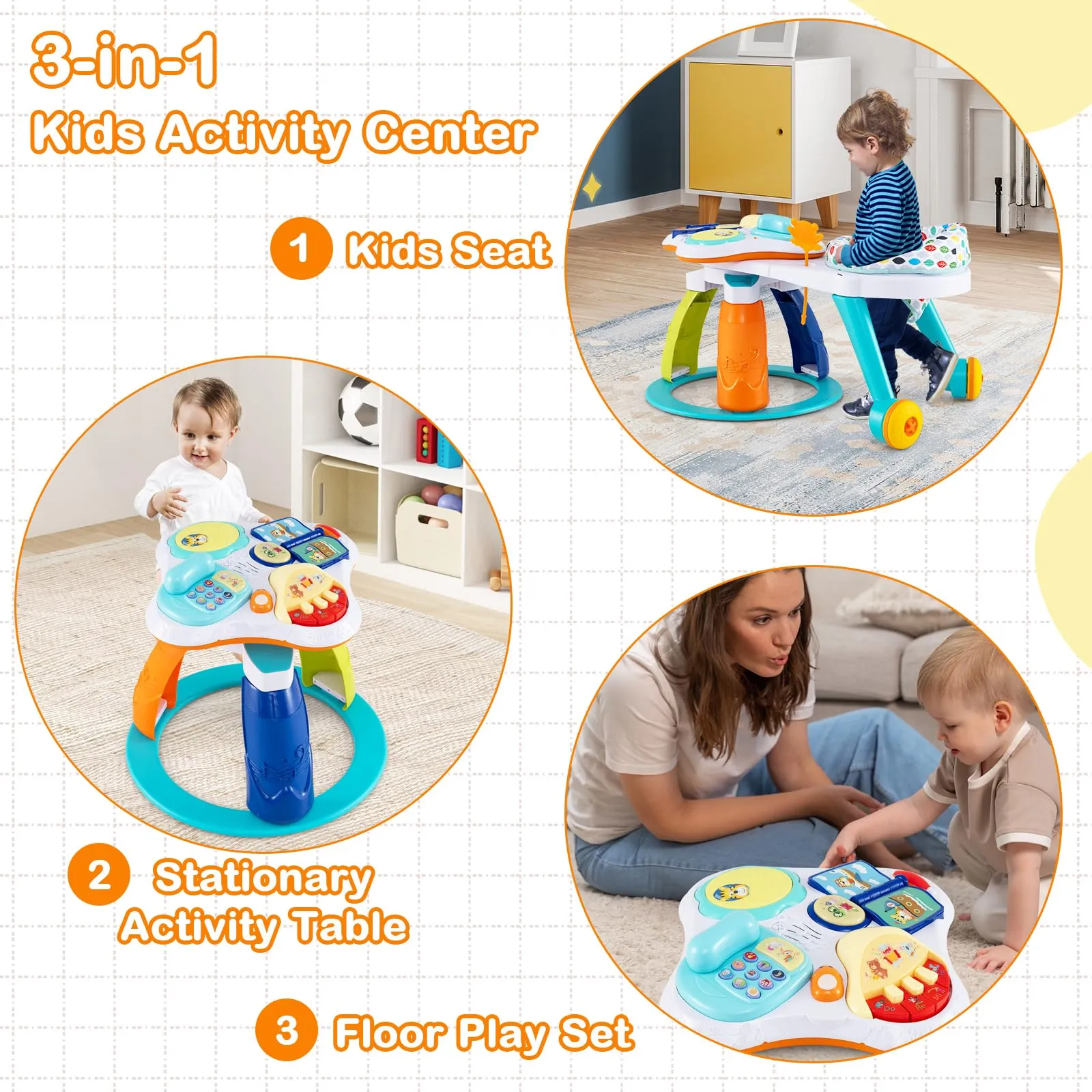 3 in 1 Baby Stationary Activity Center, Kids Play Table Set w/Educational & Music Function Tabletop