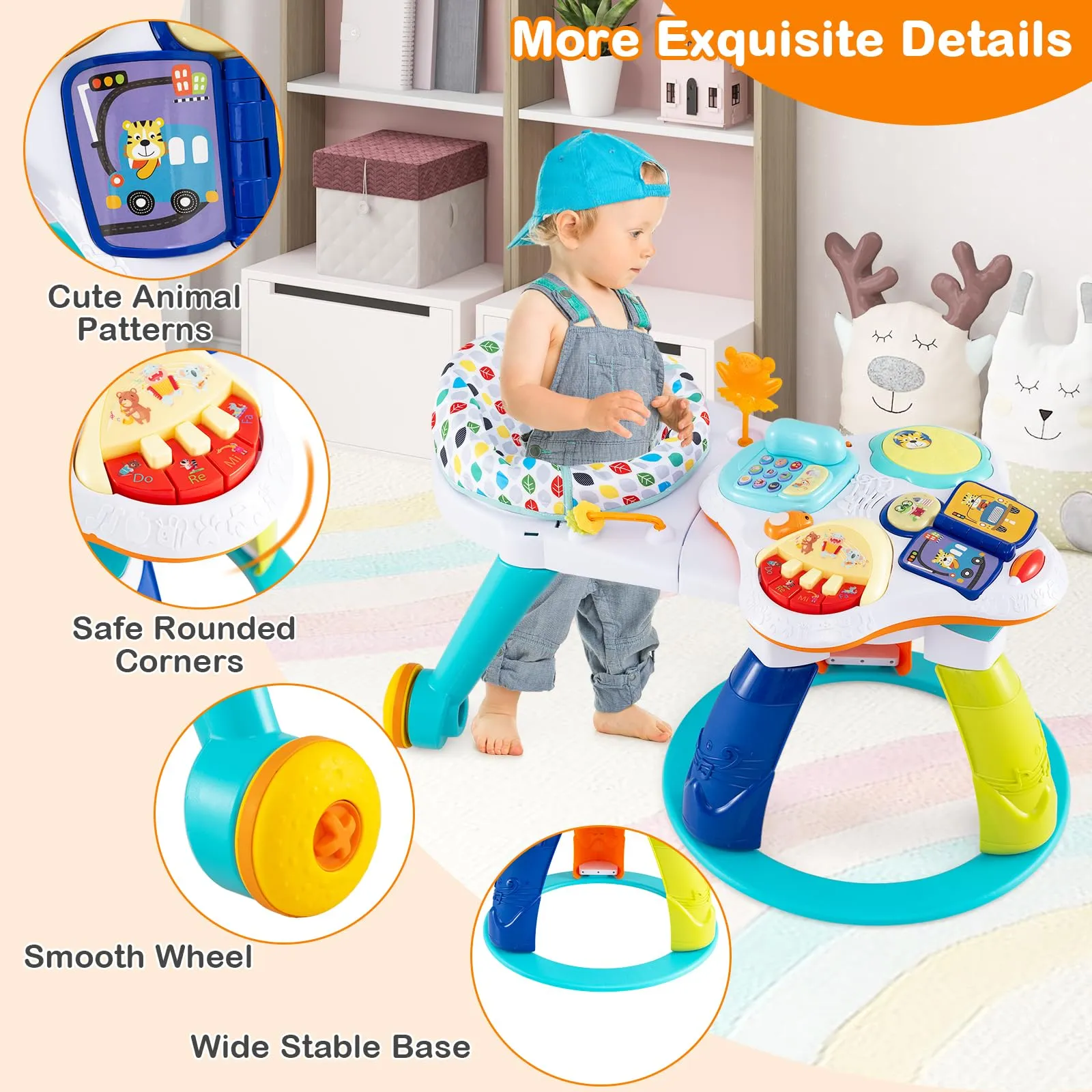 3 in 1 Baby Stationary Activity Center, Kids Play Table Set w/Educational & Music Function Tabletop