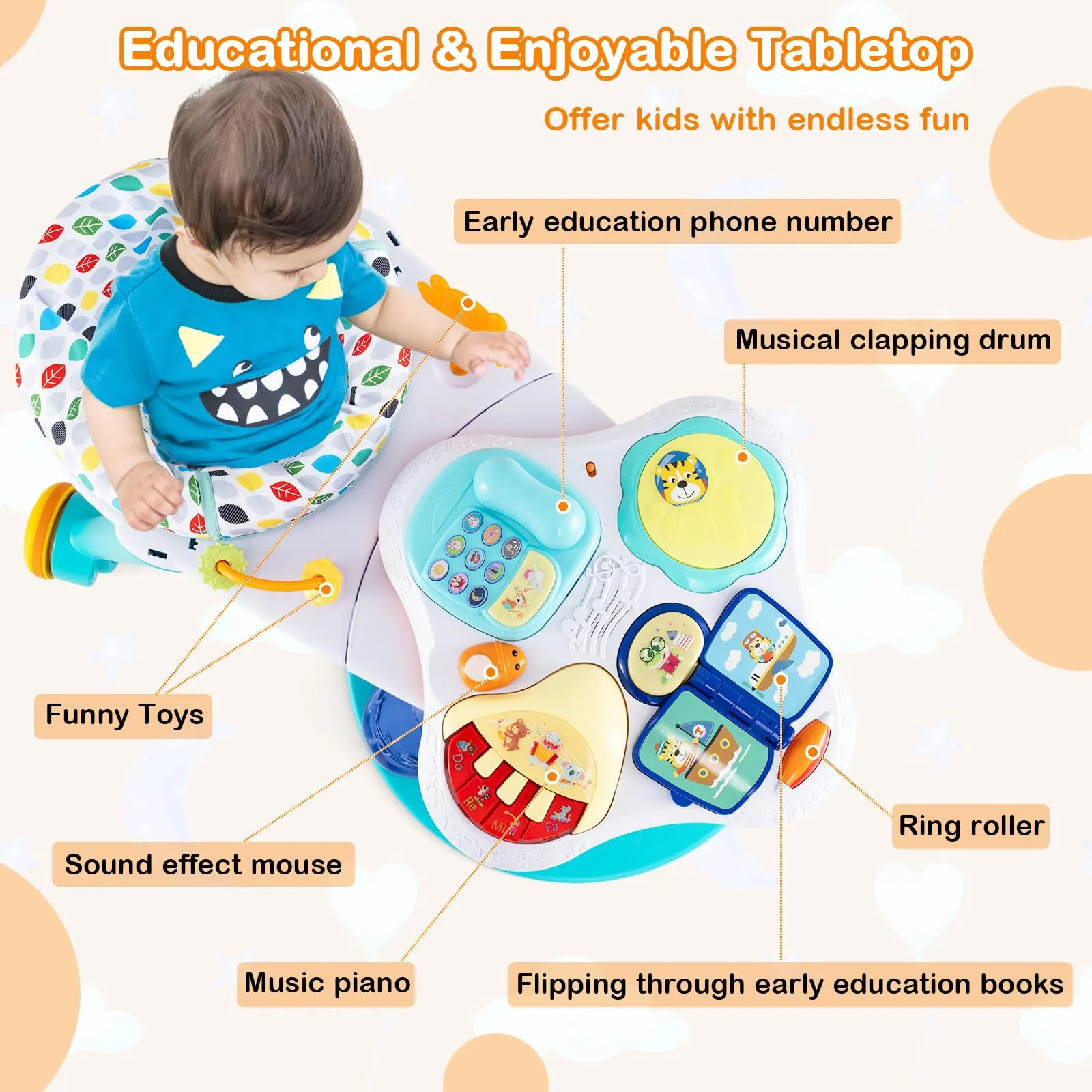 3 in 1 Baby Stationary Activity Center, Kids Play Table Set w/Educational & Music Function Tabletop