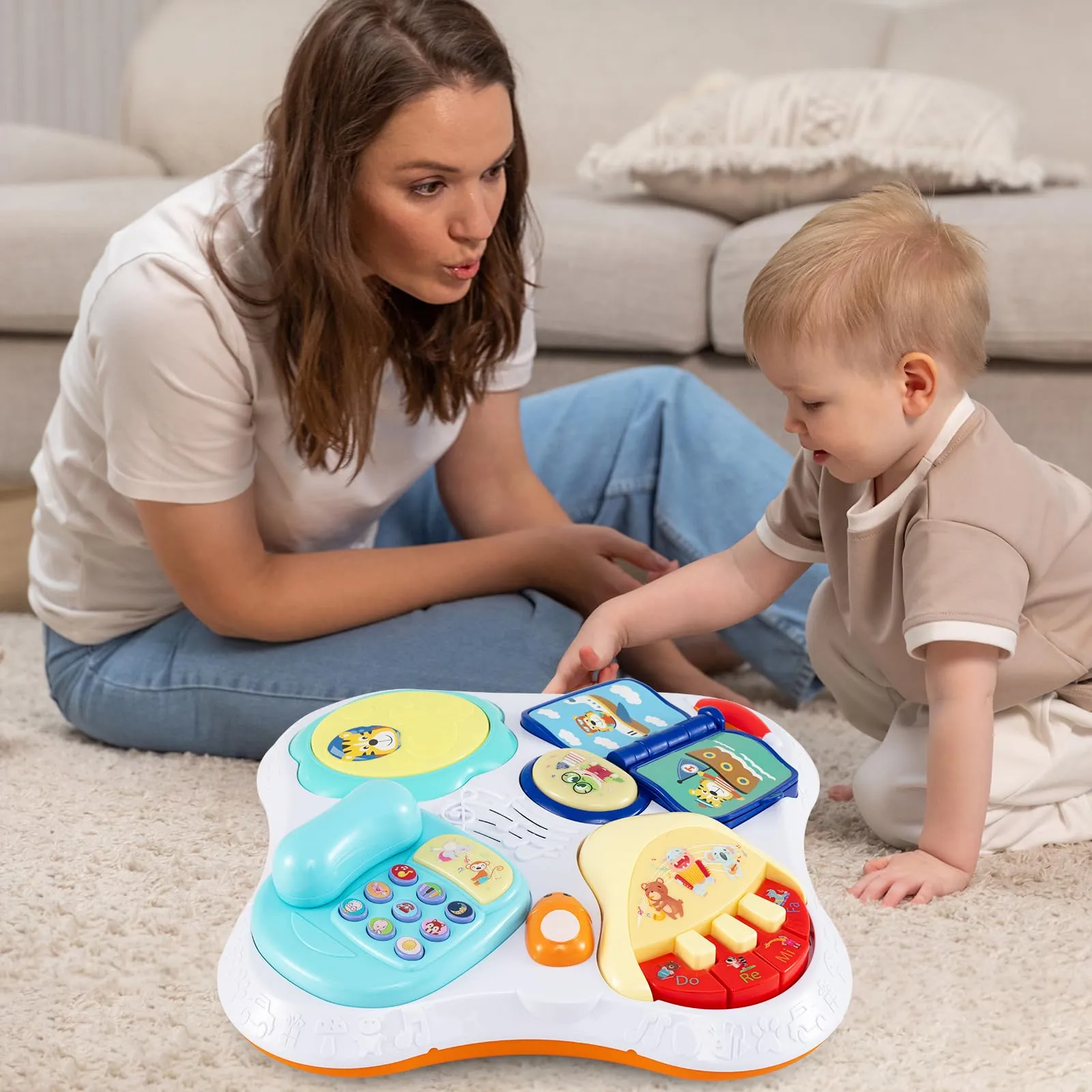 3 in 1 Baby Stationary Activity Center, Kids Play Table Set w/Educational & Music Function Tabletop