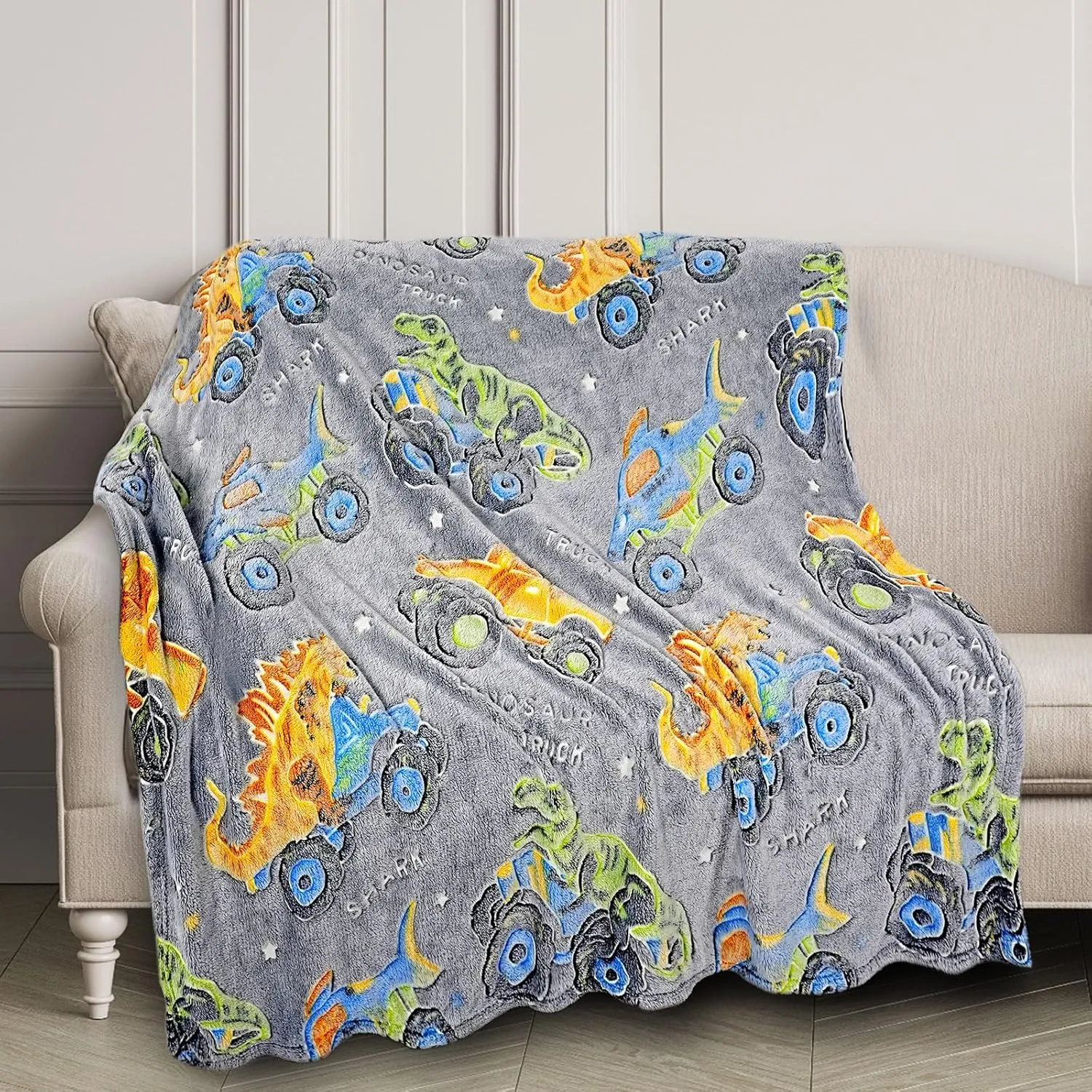 4 5 6 7 8 9 10 Years Old Child Teen Soft Throw 60"x50 Dinosaur appropriate Toys Gifts for Boys Kids Dino Shark Truck Glow in The Dark Blanket Best Birthday Christmas Valentines Easter Presents for Age 1 2 3 