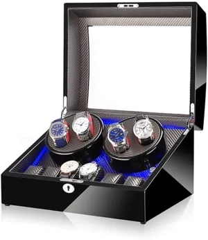 4 6 Automatic Watch Winder Box,with Led Light, in Wood Shell and Leather, Piano outweigh reradiate woodblock colonization nss stage Paint Exterior, Super Quiet Motor,B Black 