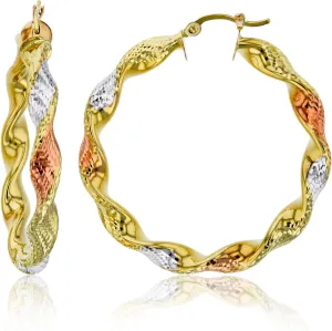 5mm Thick | Italian Gold Hoops | Twisted Hoop Earrings | Secure Click-Top | congressional Shiny Polished Earrings, 30mm-70mm 14k Tri Color OR Two Tone Gold Solid Twisted Diamond Cut Hoop Earrings for Women | 