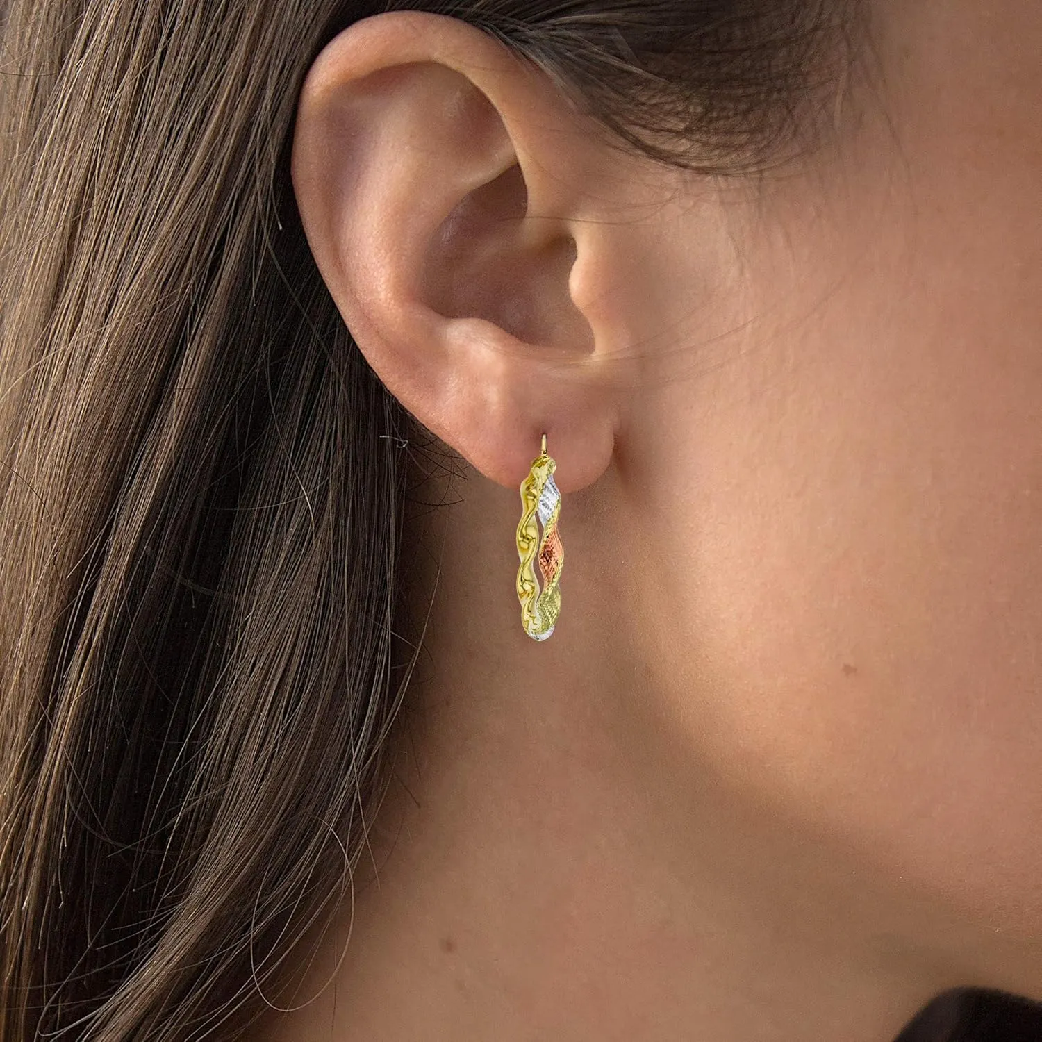 5mm Thick | Italian Gold Hoops | Twisted Hoop Earrings | Secure Click-Top | congressional Shiny Polished Earrings, 30mm-70mm 14k Tri Color OR Two Tone Gold Solid Twisted Diamond Cut Hoop Earrings for Women | 