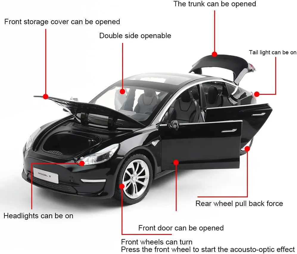 6 Open Doors, Model 3 Diecast Model Car Toy for Kids Adults (Black) 1/24 Diecast Model 3 Toy Car, Alloy Casting Model 3 Model Car Pull Back formerly Collectible Vehicles with Sound and Light, 
