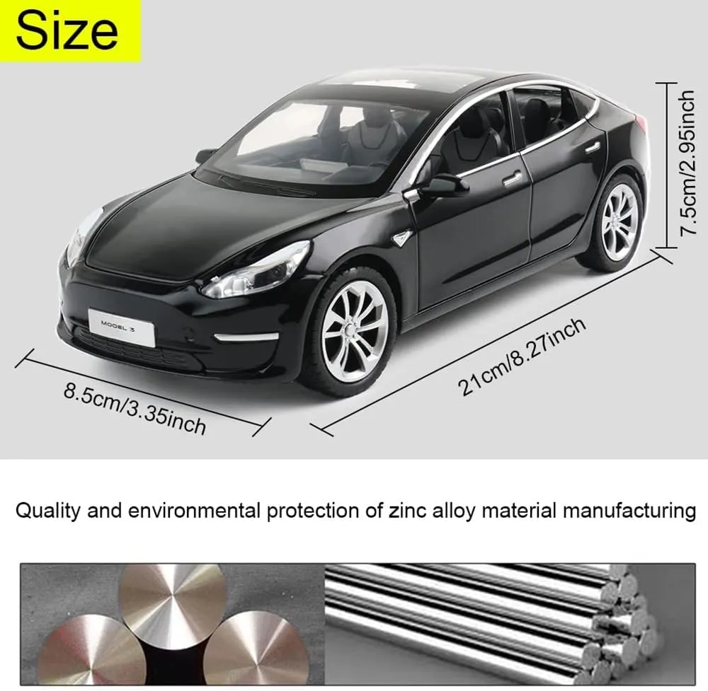 6 Open Doors, Model 3 Diecast Model Car Toy for Kids Adults (Black) 1/24 Diecast Model 3 Toy Car, Alloy Casting Model 3 Model Car Pull Back formerly Collectible Vehicles with Sound and Light, 