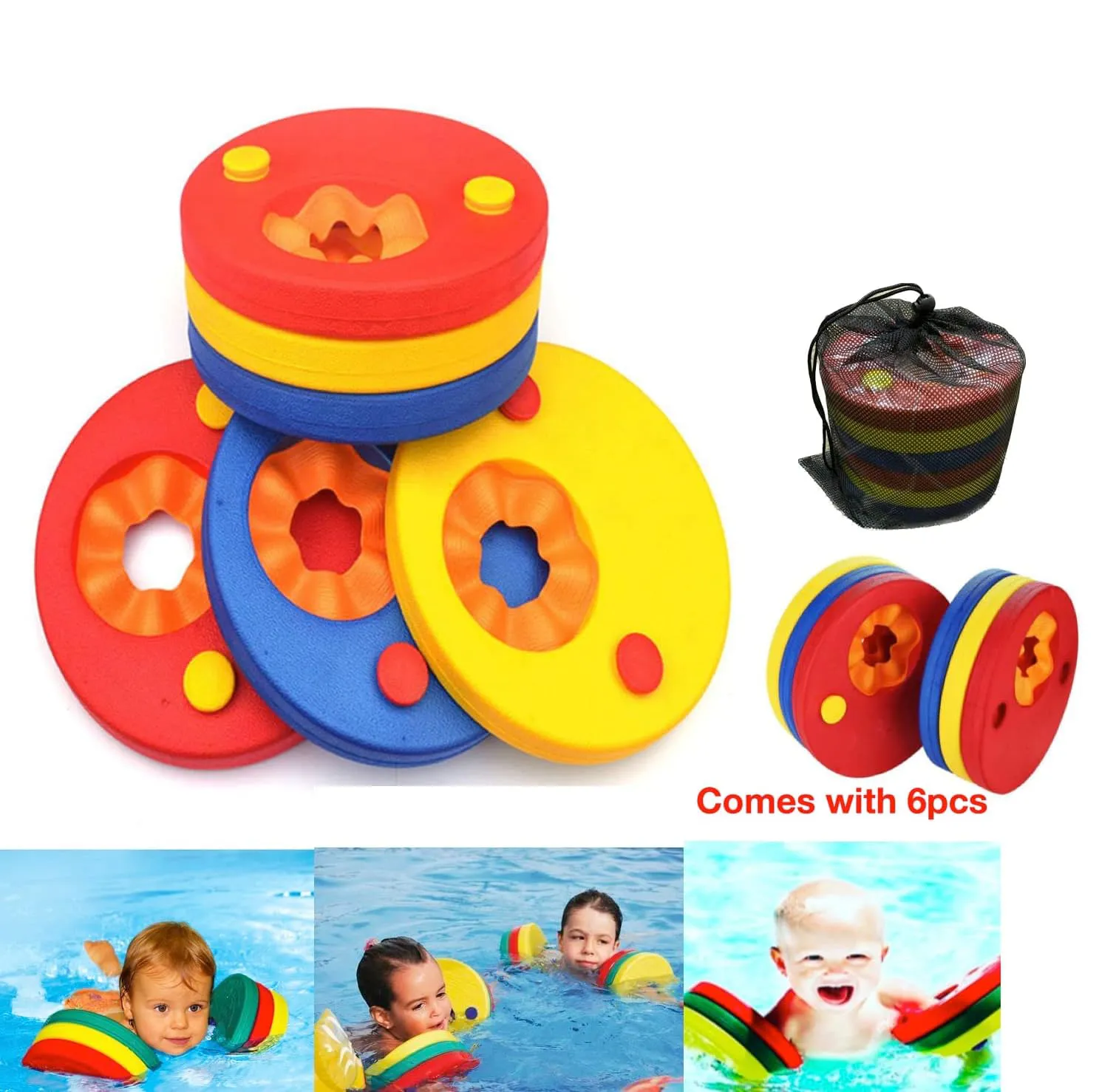6 Pc Set of Fully Safety Tested Baby Learn to Swim Discs | EVA Foam Arm Bands | Floats | Mesh Carry Bag