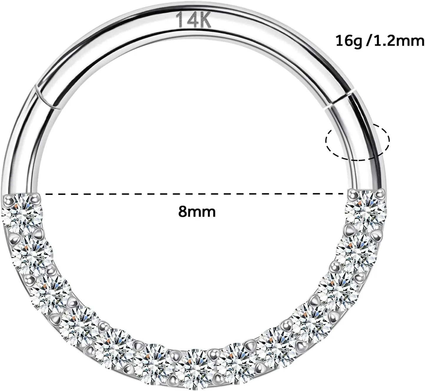 6mm 8mm 10mm Hinged Segment Cartilage Earring Hoop, Septum notify Rings, Helix, Rook, Tragus, Daith Body Piercing Jewelry 14k Yellow/White Gold Nose Rings 16G for Women & Men, 