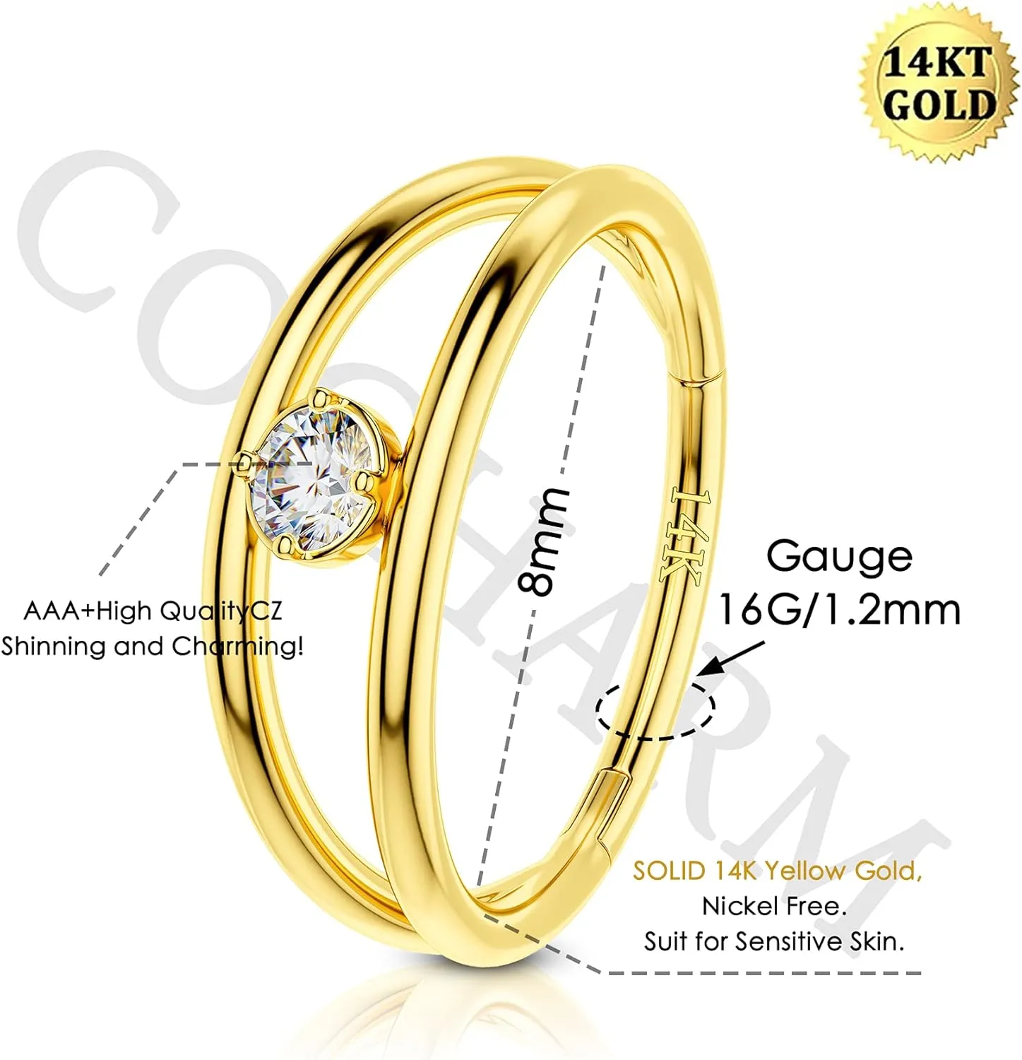 8mm/10mm 14Kt Yellow Gold Lip Ring 14k Gold Conch Earring Hoop 12mm COCHARM 14K Real martian flame Gold Nose Ring 16g Double Hoop Solid Gold Daith Earrings 