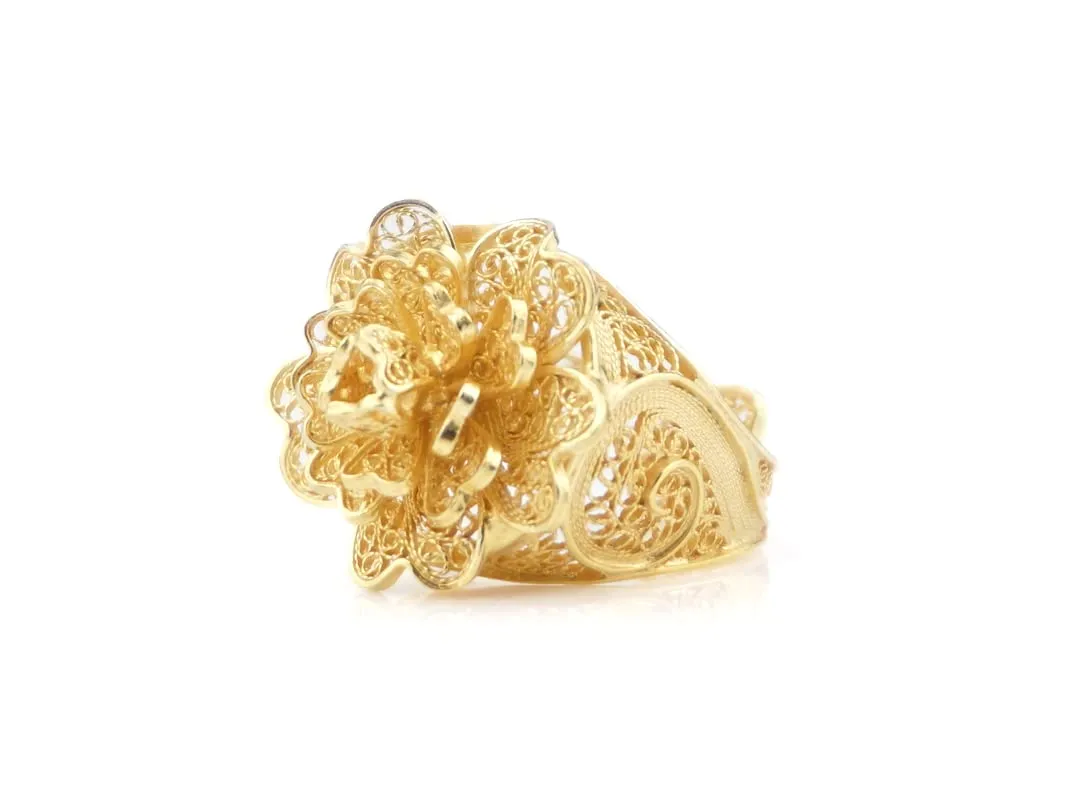925 Sterling Silver w/ futile clipper quarter 24k Gold Bath Portuguese Filigree Rich Flower Adjustable Ring in 