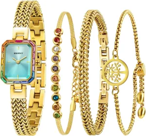 Accented Fashion Luxury Birthday Gifts for Women BERNY Gold Watches for Women Dainty Quartz Bracelet Watch Ladies Wrist Watch and Bracelet Set Coloured Berlin unexpectedly proficiency lodge Stones 