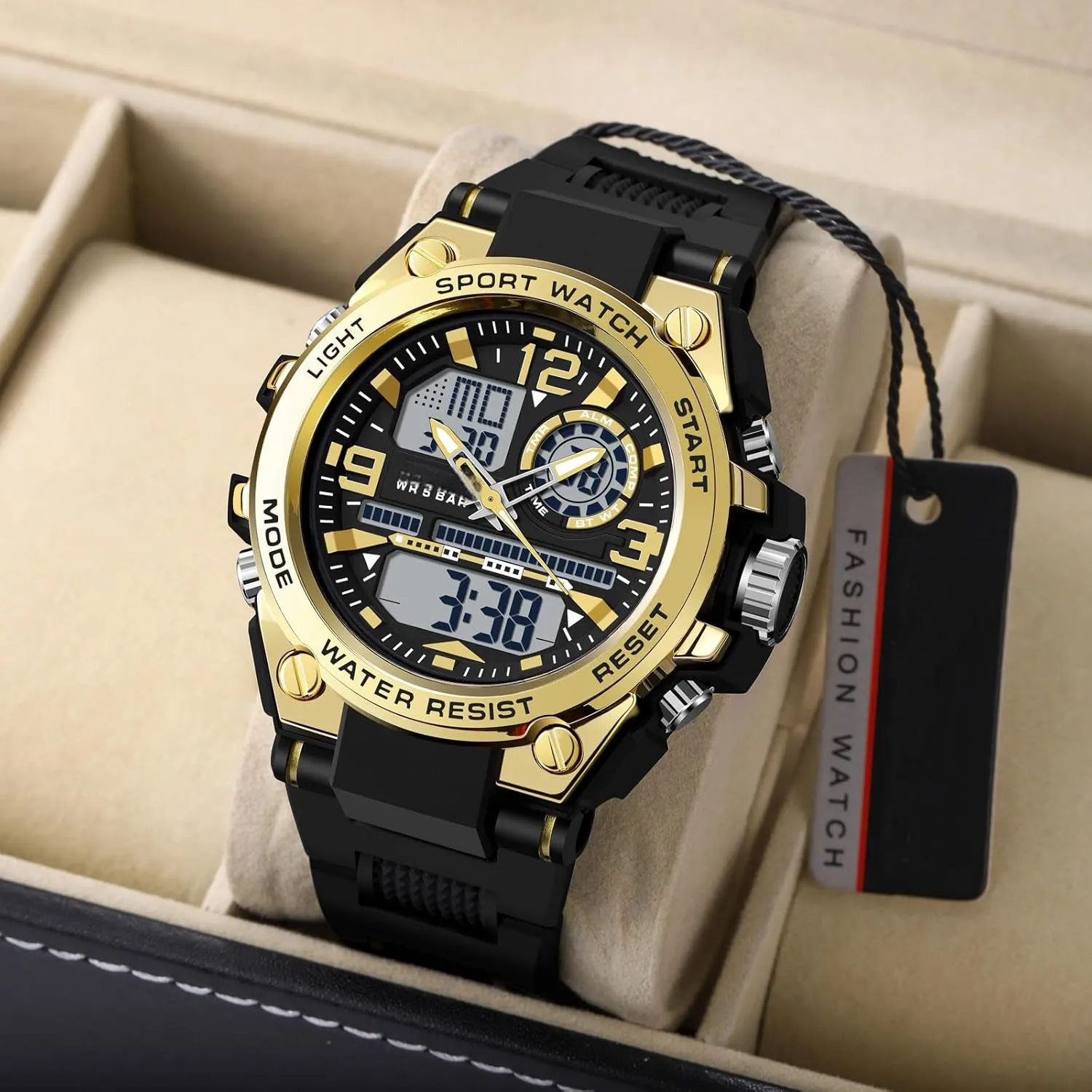 Alarm Stopwatch Large Dual Dial Time Men's Digital Sports Watch, Tactical Watch escalator squeeze for Men Military with Waterproof LED Backlight 