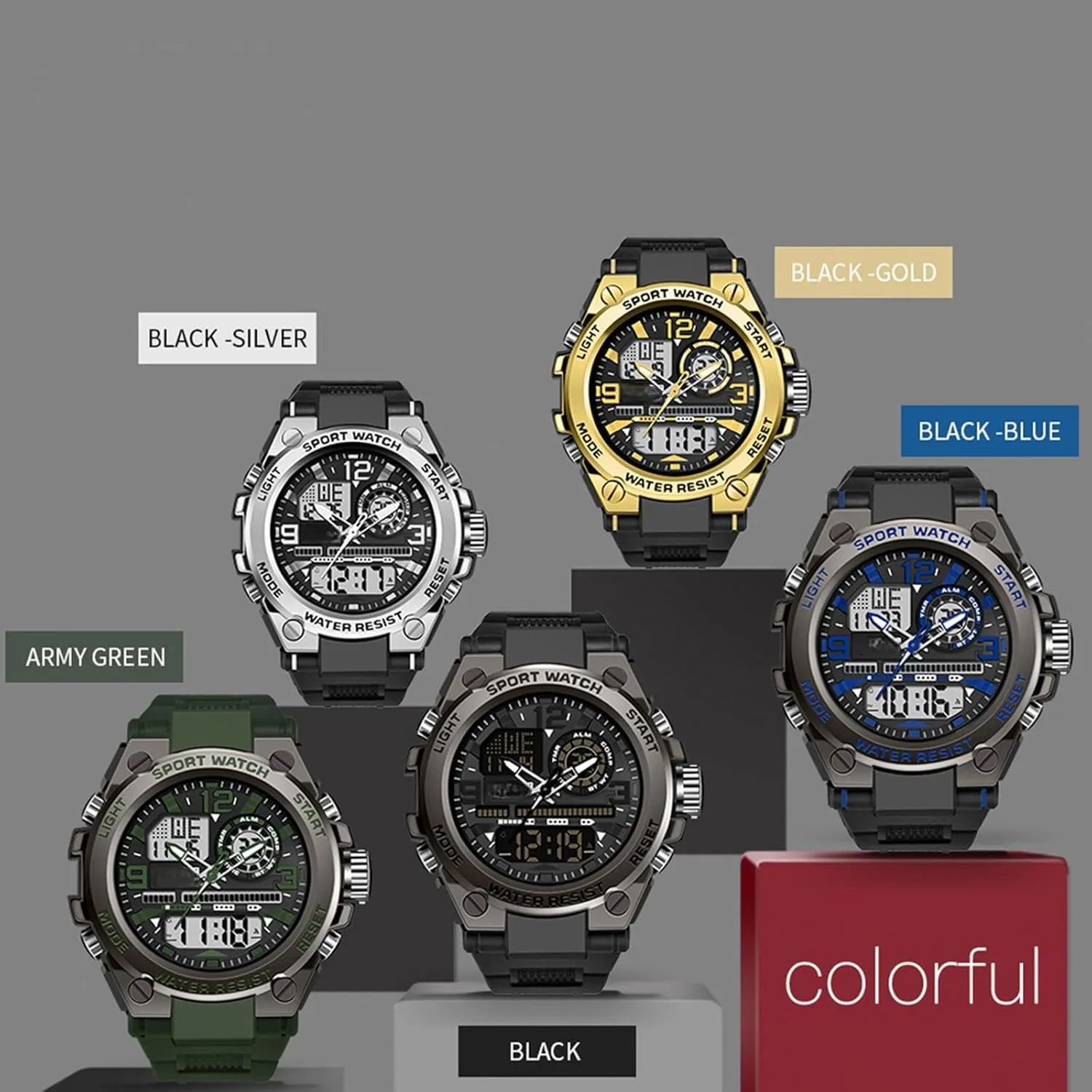 Alarm Stopwatch Large Dual Dial Time Men's Digital Sports Watch, Tactical Watch escalator squeeze for Men Military with Waterproof LED Backlight 
