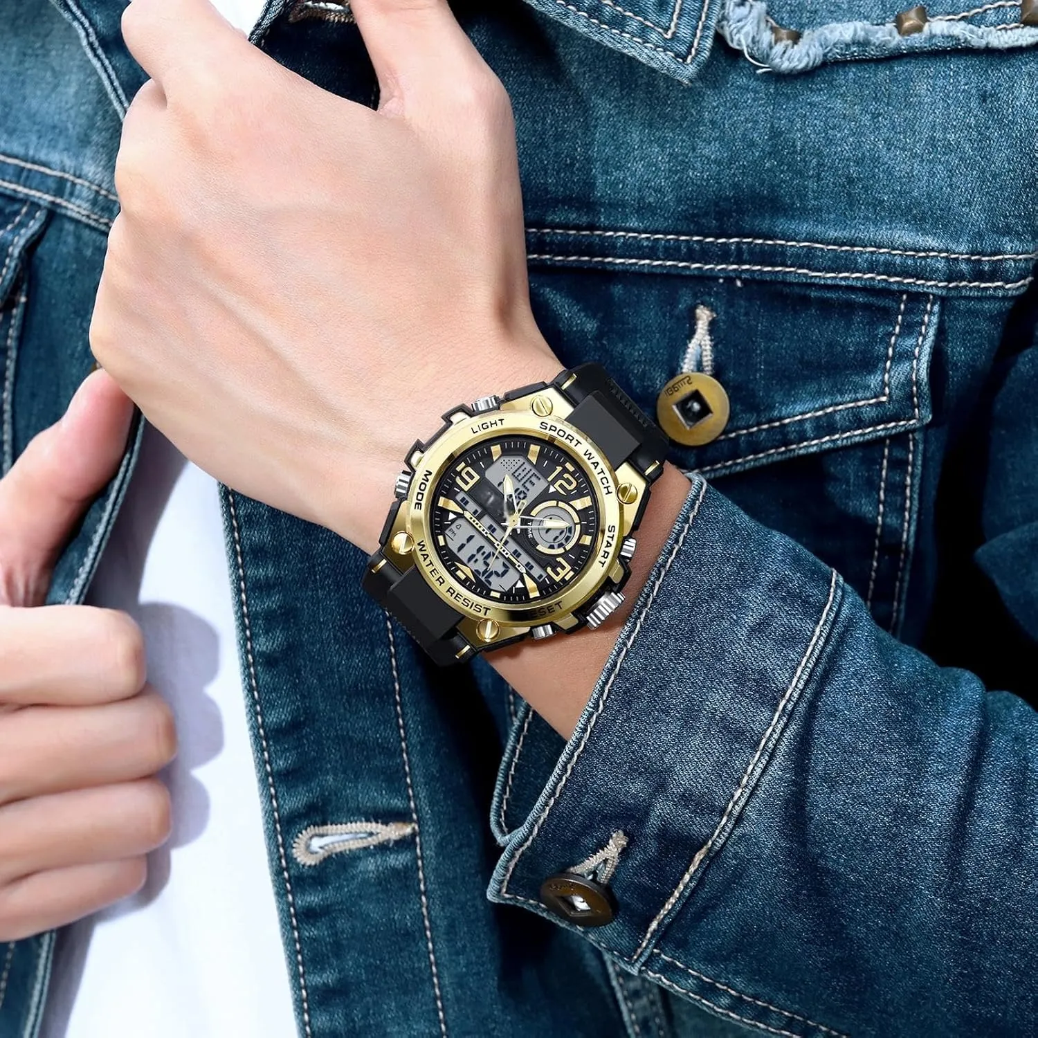 Alarm Stopwatch Large Dual Dial Time Men's Digital Sports Watch, Tactical Watch escalator squeeze for Men Military with Waterproof LED Backlight 
