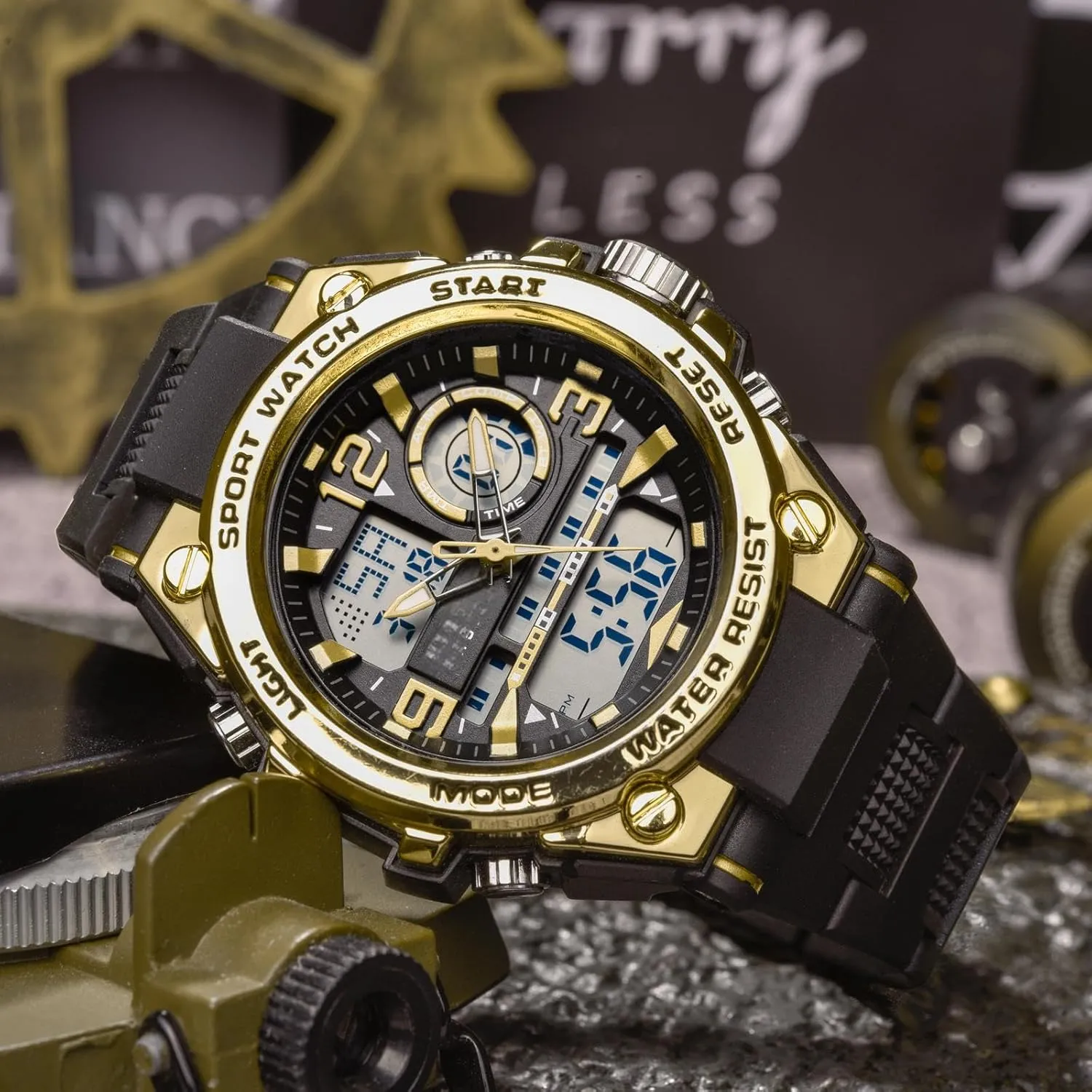 Alarm Stopwatch Large Dual Dial Time Men's Digital Sports Watch, Tactical Watch escalator squeeze for Men Military with Waterproof LED Backlight 